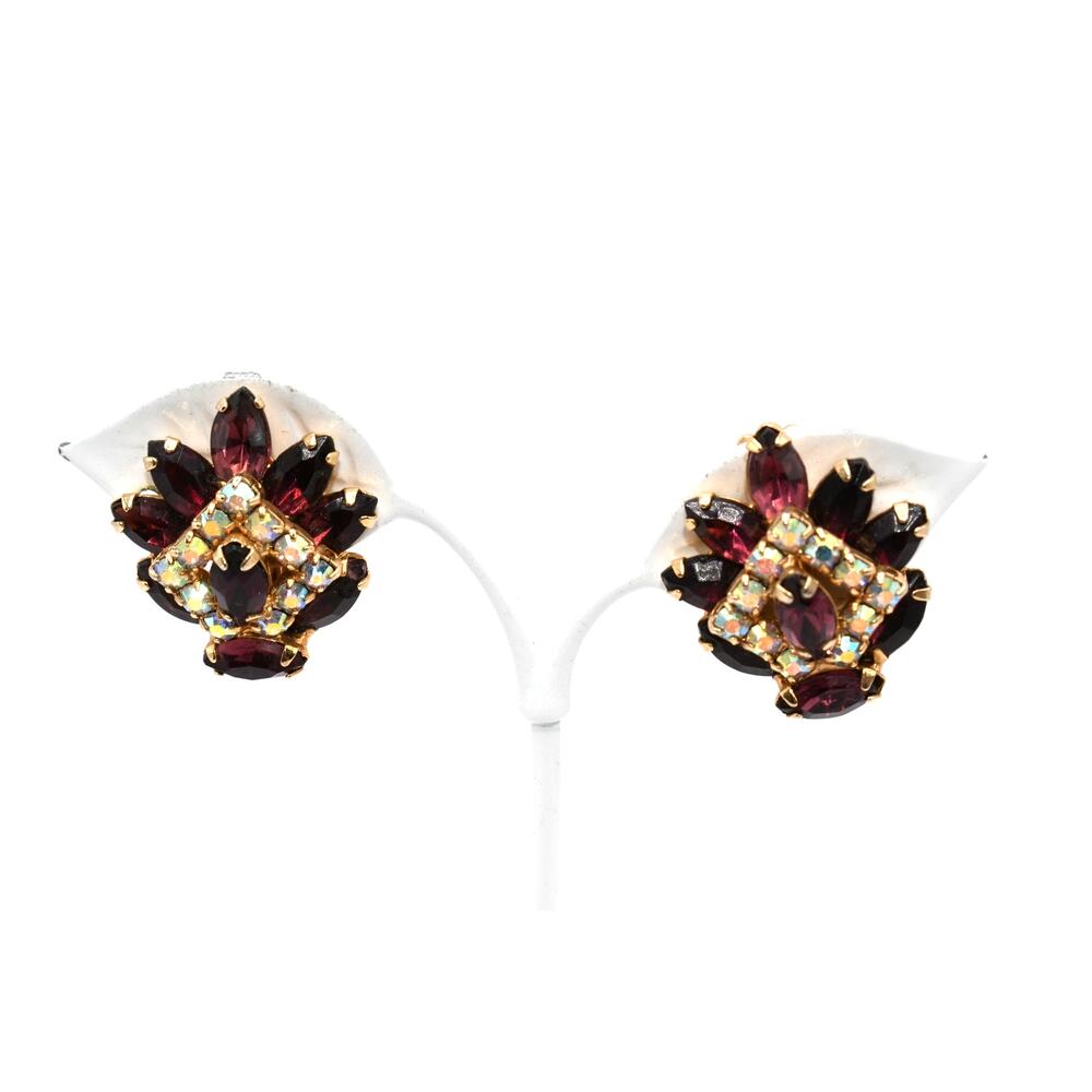 Vintage Purple Rhinestone AB Clip Earrings Gold Tone 1960s